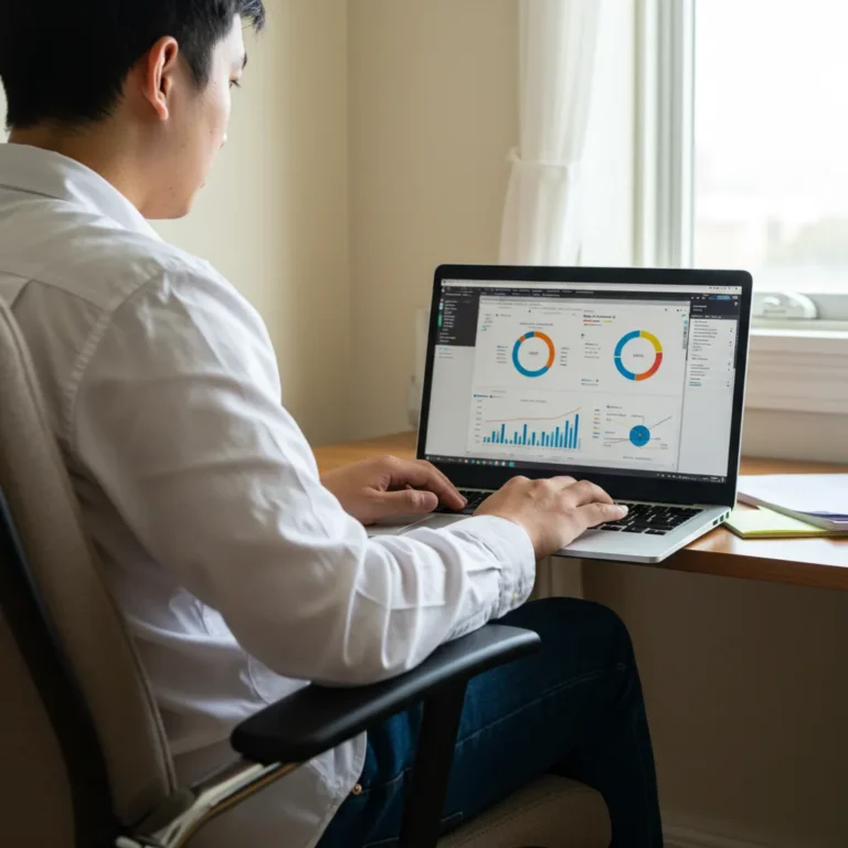 A student taking online classes for an associate's degree in business, studying on a laptop with business-related charts on the screen.