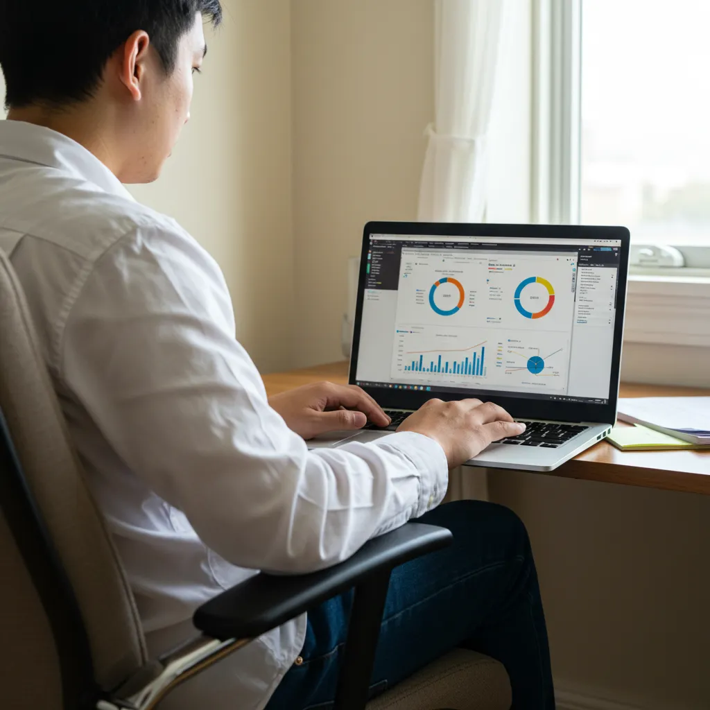 A student taking online classes for an associate's degree in business, studying on a laptop with business-related charts on the screen.