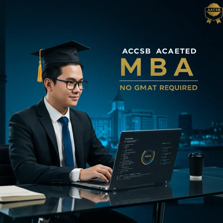 A business student studying on a laptop, representing AACSB-accredited online MBA programs from online colleges with no application fee.