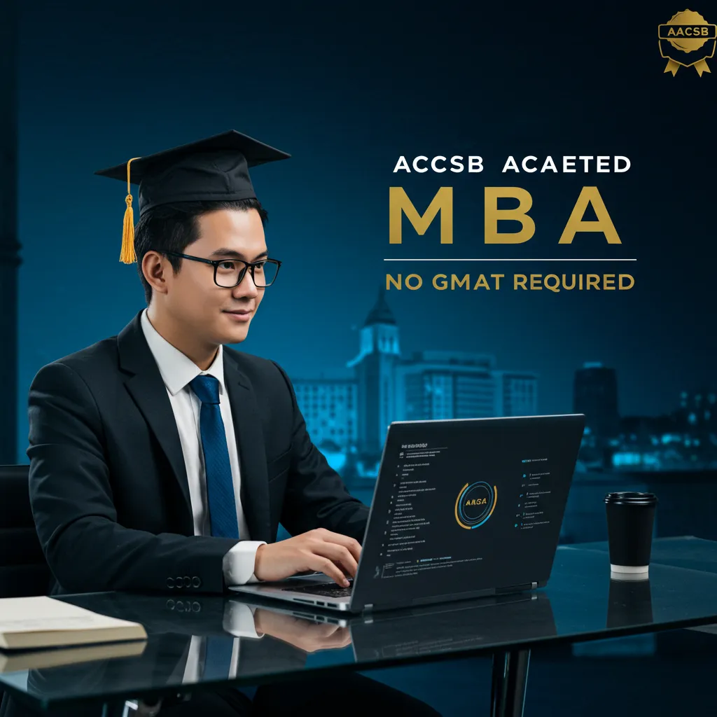 A business student studying on a laptop, representing AACSB-accredited online MBA programs from online colleges with no application fee.